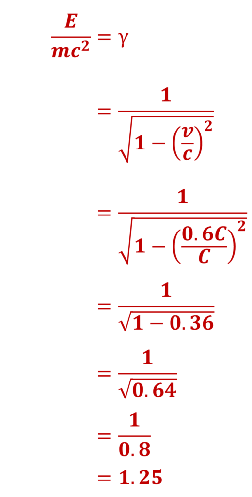 ローレンツ因子 γ の導出計算。速度 v が光速 c の60%（v = 0.6c）のとき、E / mc² を計算する過程： E / (mc²) = γ = 1 / √(1 - (v/c)²) = 1 / √(1 - (0.6c/c)²) = 1 / √(1 - 0.36) = 1 / √0.64 = 1 / 0.8 = 1.25